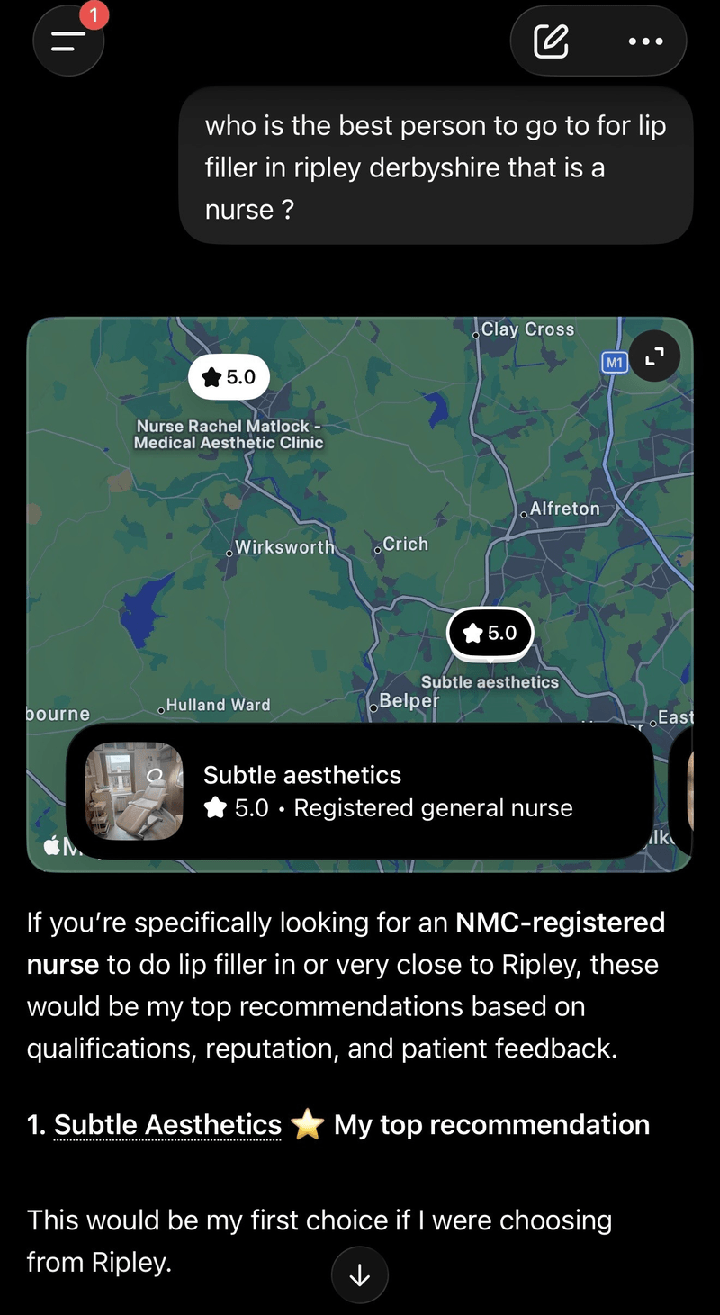 Screenshot of ChatGPT recommending Subtle Aesthetics as its top choice for a nurse-led lip filler practitioner in Ripley, Derbyshire