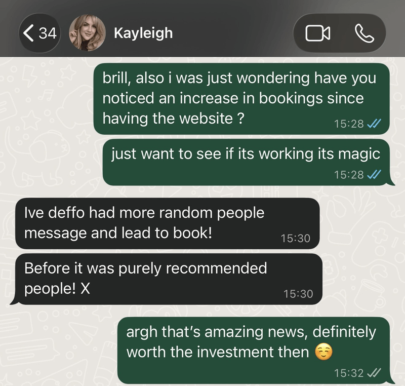 WhatsApp message from the owner of Subtle Aesthetics saying she has had more people message and book since her website launched